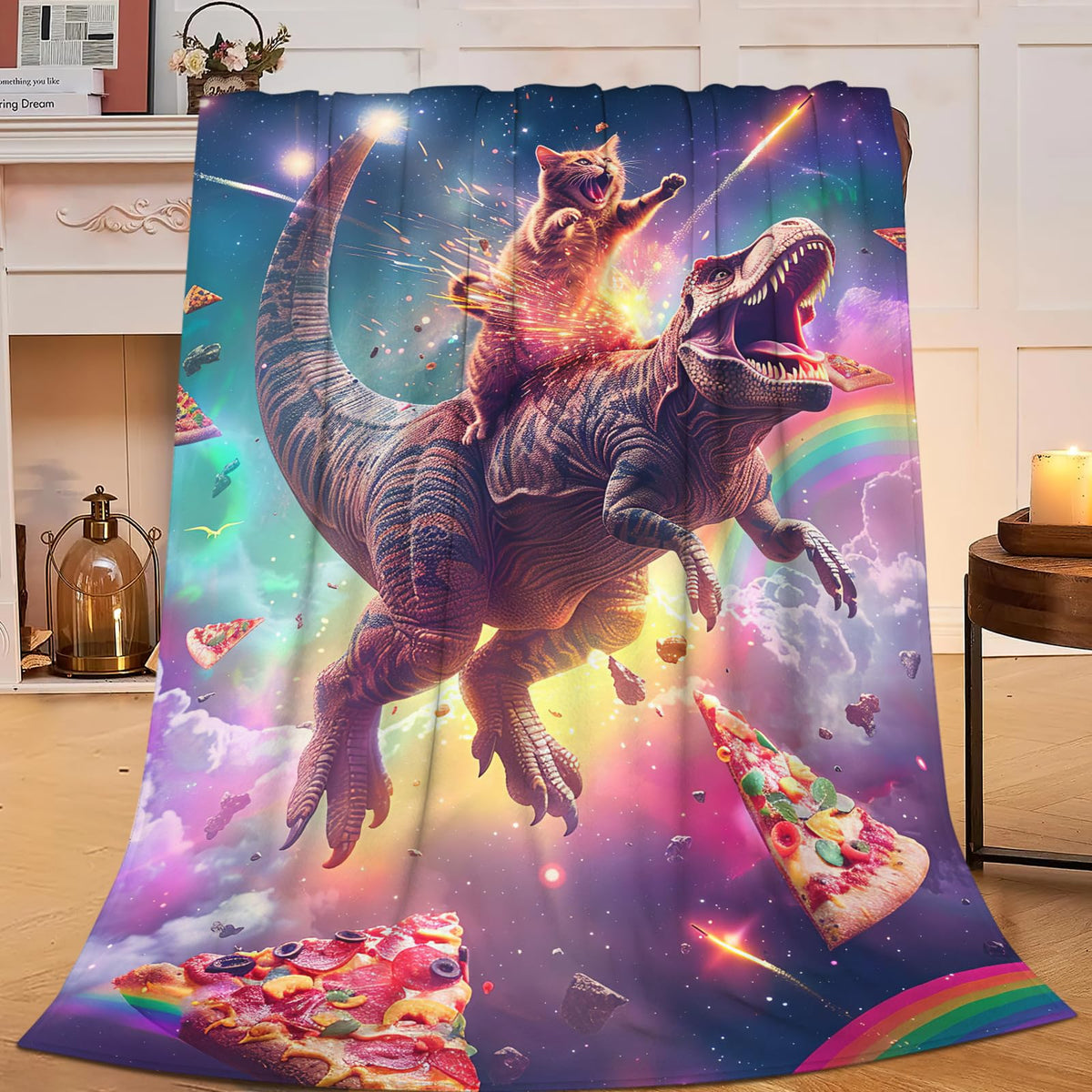 Cat and Dinosaur Blanket Rainbow Pizza Dino Cat Throw Blanket Gifts for Adults Men Women Boys Girls Kids Super Soft Cozy Plush Fluffy Fuzzy Fleece Blanket Decor 60''X80''