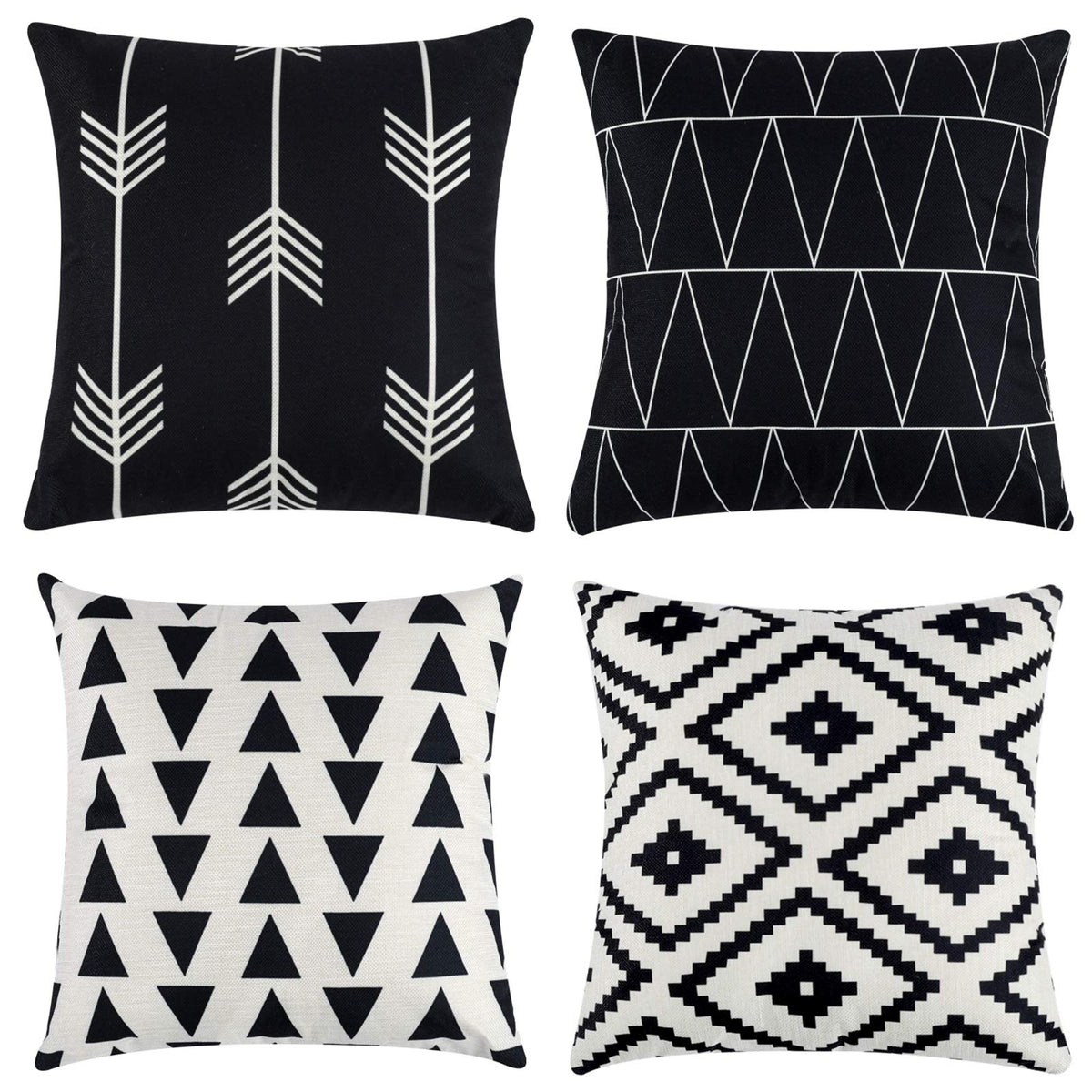 Tosewever Set of 4 Decorative Geometric 18 x 18 Inches Throw Pillow Covers - Modern Pattern Linen Square Pillow Cushion Case for Sofa Couch Bed Home Outdoor Car (18" x 18", Black)