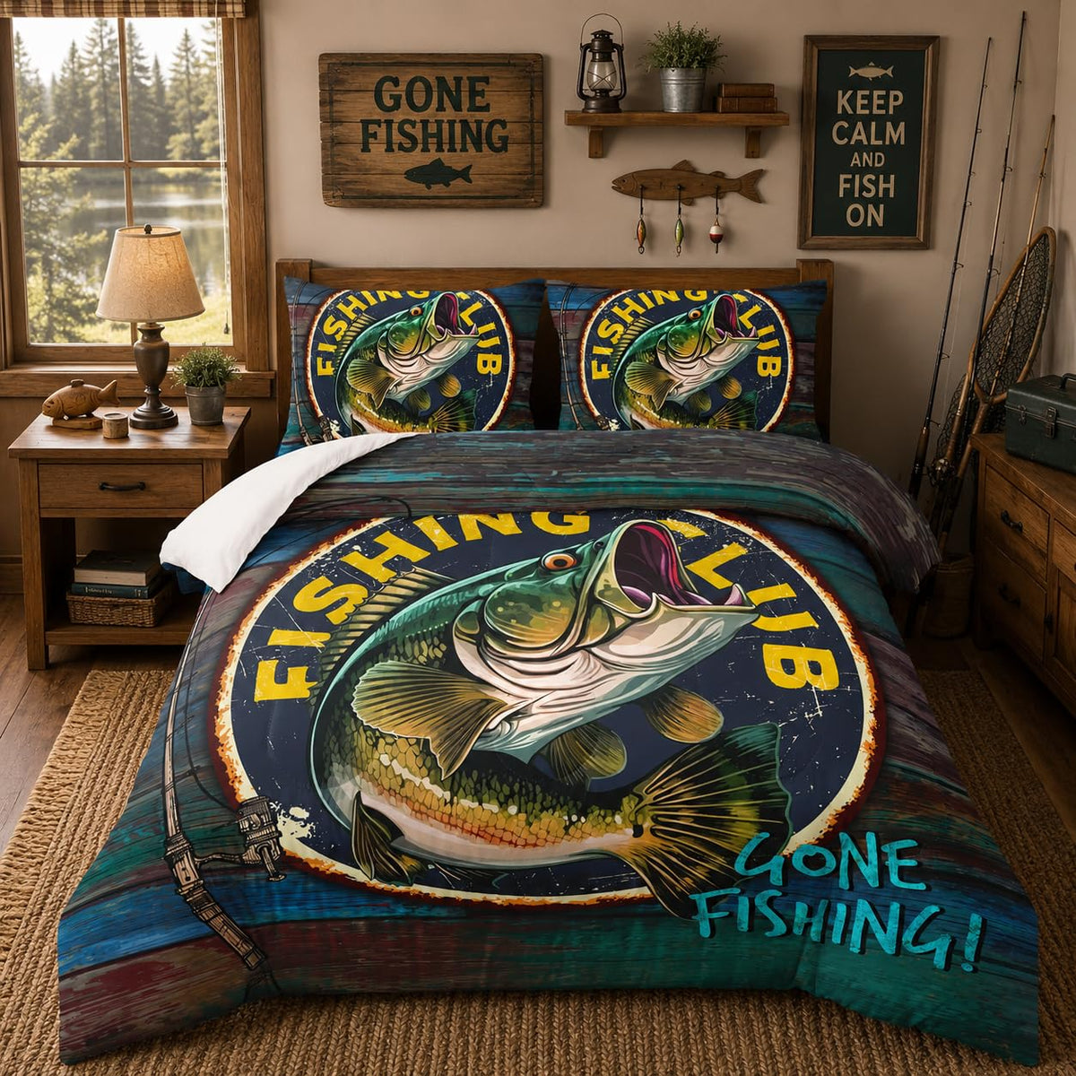 Nttopship Big Pike Fish Bedding, Bass Fishing Comforter Set Hunting and Fishing Themed Comforter Set for Kids Boys Room Decor, Twin Bed in a Bag for Teens with 2 Pillowcases