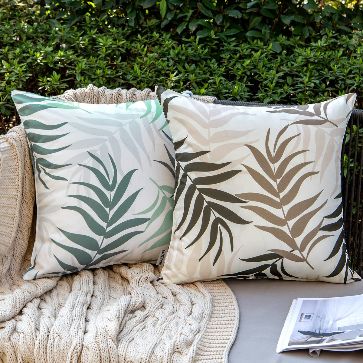 MIULEE Pack of 2 Decorative Outdoor Waterproof Throw Pillow Covers Patio Pillow Cases Natural Leaves Pattern Spring Square Cushion Shams Shell for Garden Balcony Couch 18x18 Inch, Coffee Brown