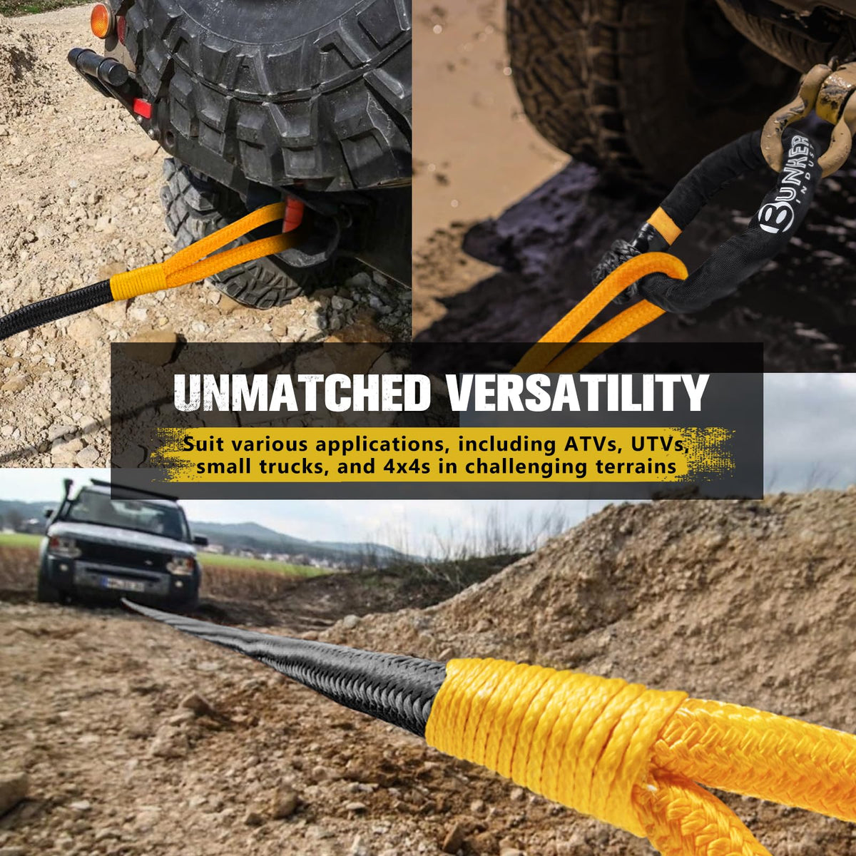 BUNKER INDUST Off Road Traction Boards (Gen 10) Grey + 1"×30ft Kinetic Recovery Rope with 2 Soft Shackles Kit