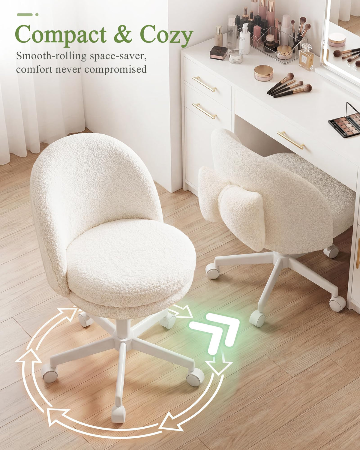 GTPOFFICE Vanity Chair with Back, Adjustable Tall Office Chair High Swivel Bar Stools Fluffy Cute Desk Chair Comfy with Wheels Bow Pillow Armlees for Adults Standing Desk Bar, Teddy Velvet, Cream