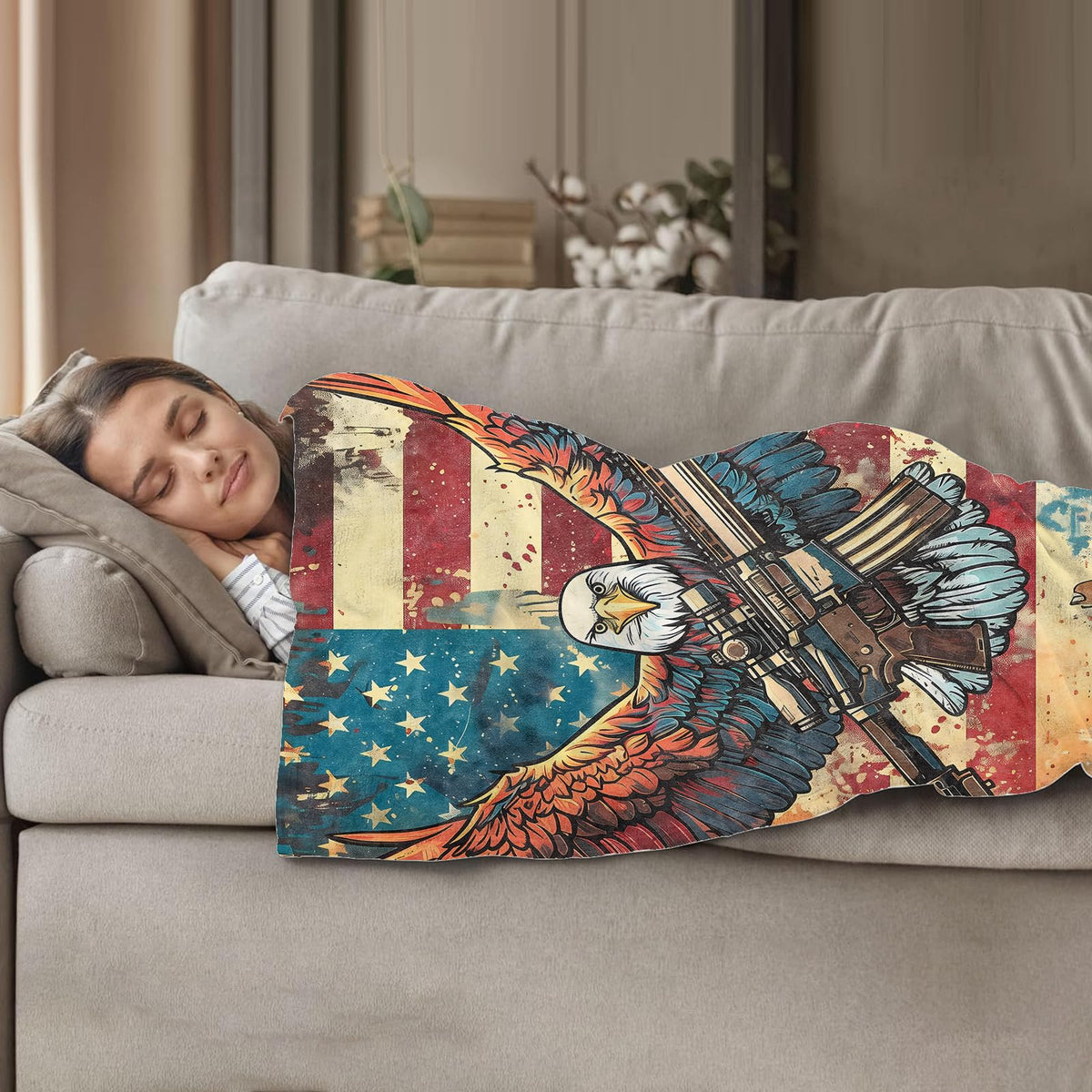 Plistiz Eagle & Rifle Veteran Throw Blanket 50"x60", American Flag Patriotic Army Theme Blankets for Living Room Couch, Home Decor, Soft Flannel Eagle Veteran Gifts for Adults and Men