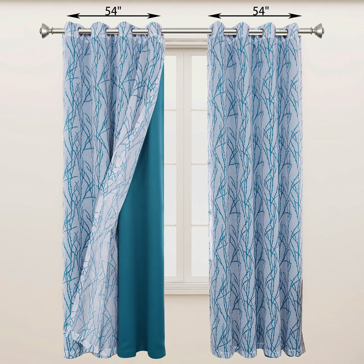 BONZER Mix and Match Curtains - 2 Pieces Branch Print Sheer Curtains and 2 Pieces Blackout Curtains for Bedroom Living Room Grommet Window Drapes, 54x95 Inch/Panel, Teal, Set of 4 Panels