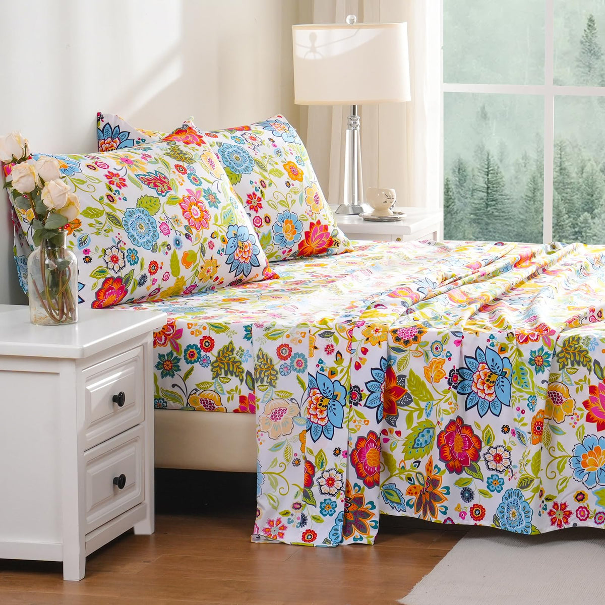 Bedlifes King Sheet Set Ultra Soft, Breathable, Silky Flower Deep Pocket 100% Microfiber Bedding, 4 Piece King Size with Floral Spring Design