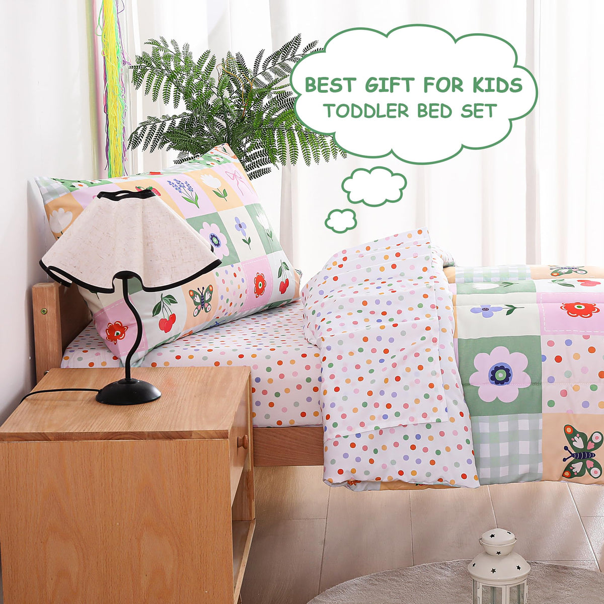 Mooreeke 4 Pieces Toddler Bedding Set - Green Floral Butterfly Toddler Comforter Sets for Girls, Includes Comforter, Flat Sheet, Fitted Sheet and Pillowcase, Bed in A Bag for Baby Bedroom