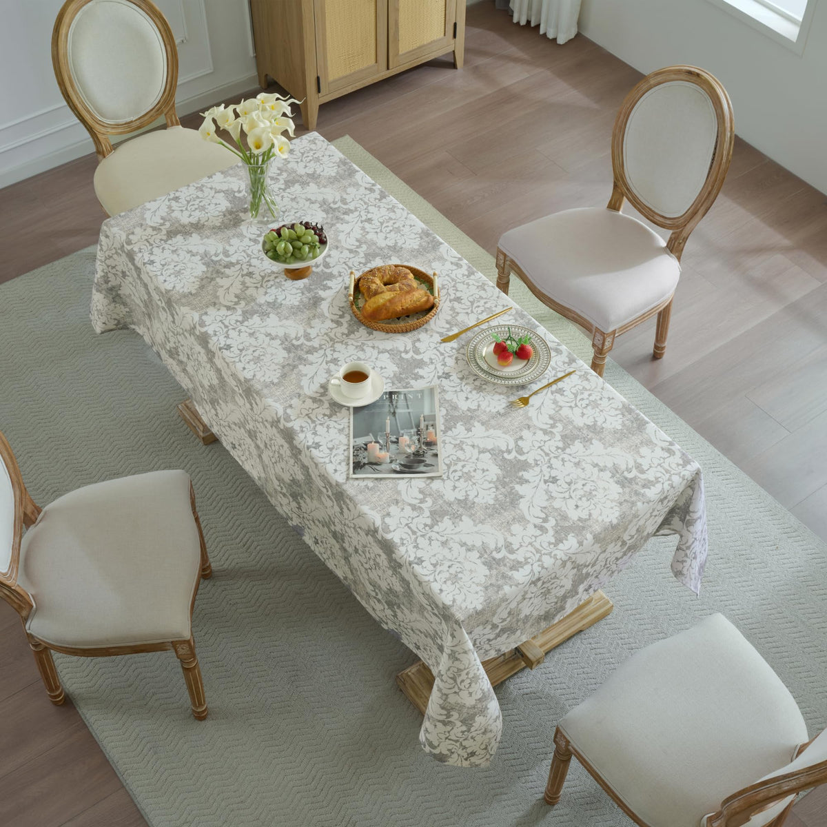 Rectangle Tablecloth 60" x 84" 100% Waterproof Fabric — Wipe-Clean, Tear-Proof Decorative Table Cover for Indoor & Outdoor Dining Elegant Patterns for Kitchens, Dining Rooms, Damask