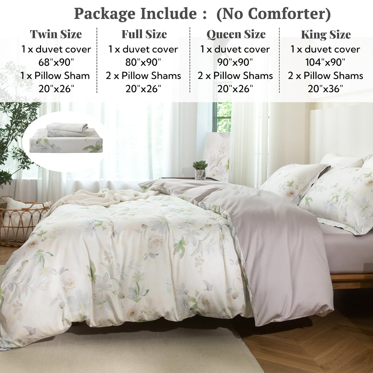 MILDLY Queen Duvet Cover Set - 100% Long-Staple Cotton Beige Floral Patten Reversible Comforter Cover - 3Pcs Soft Breathable Luxury Bedding for All Season