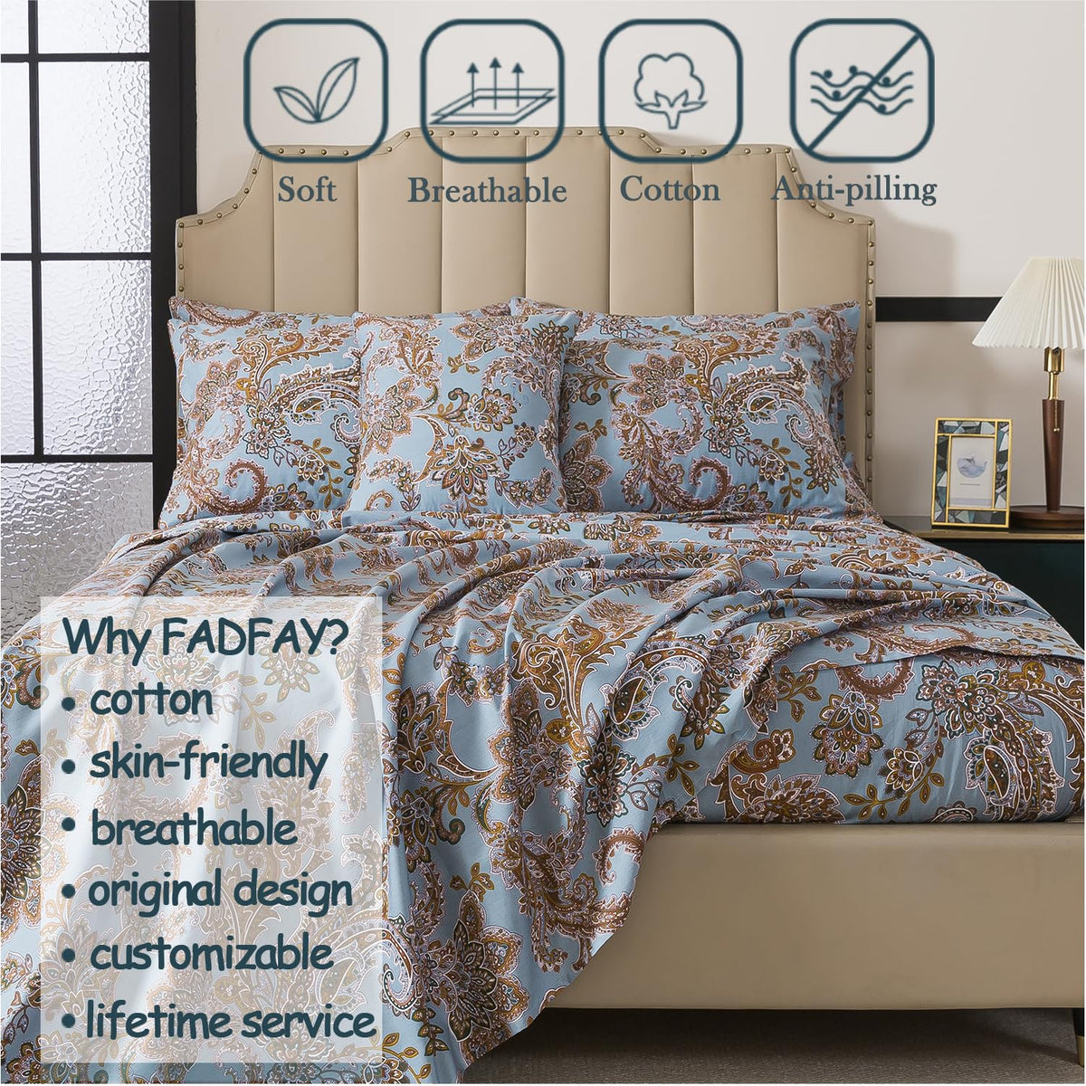 FADFAY Luxury Queen Percale Cotton Sheet Set – Elegant Vintage Blue Paisley Bedding, Ultra Soft & Breathable, Deep Pocket Fitted Sheet, Timeless French Country Heirloom Style, 4 Piece Set
