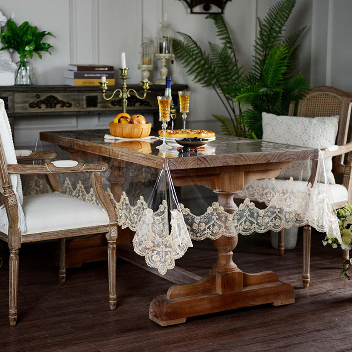 Jusmate Clear Vinyl Tablecloth Protector Transparent PVC Lace Border Plastic Waterproof Oil-Proof Rectangle Table Cover for Kitchen Home Dining Holiday Decoration (Champagne, 60 x 84 Inch)