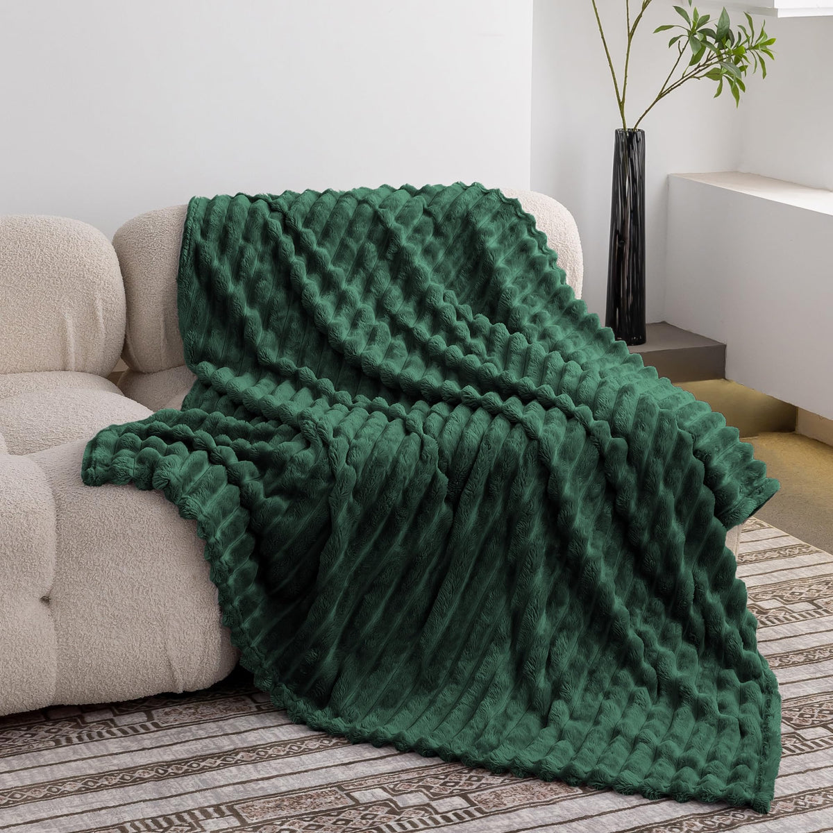 KORBLISS Super Soft Throw Blanket for Couch, Premium Silky Flannel Fleece with 3D Striped Jacquard Design, Lightweight and Cozy for Sofa, Living Room, and All-Season Use, 50x60 Inches.Forest Green