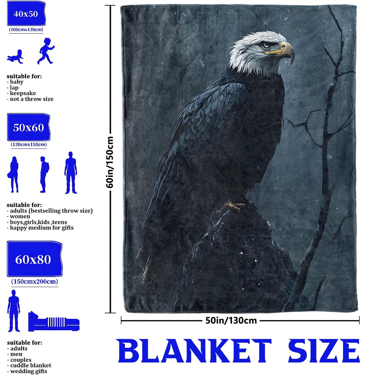 GBXGBX Majestic Bald Eagle Throw Blanket for Boys Men, Retro Bird Design, Fuzzy Warm Soft Cozy Flannel Blankets Gifts for Bedroom, Couch, Travel, Home Decor 50x60 in