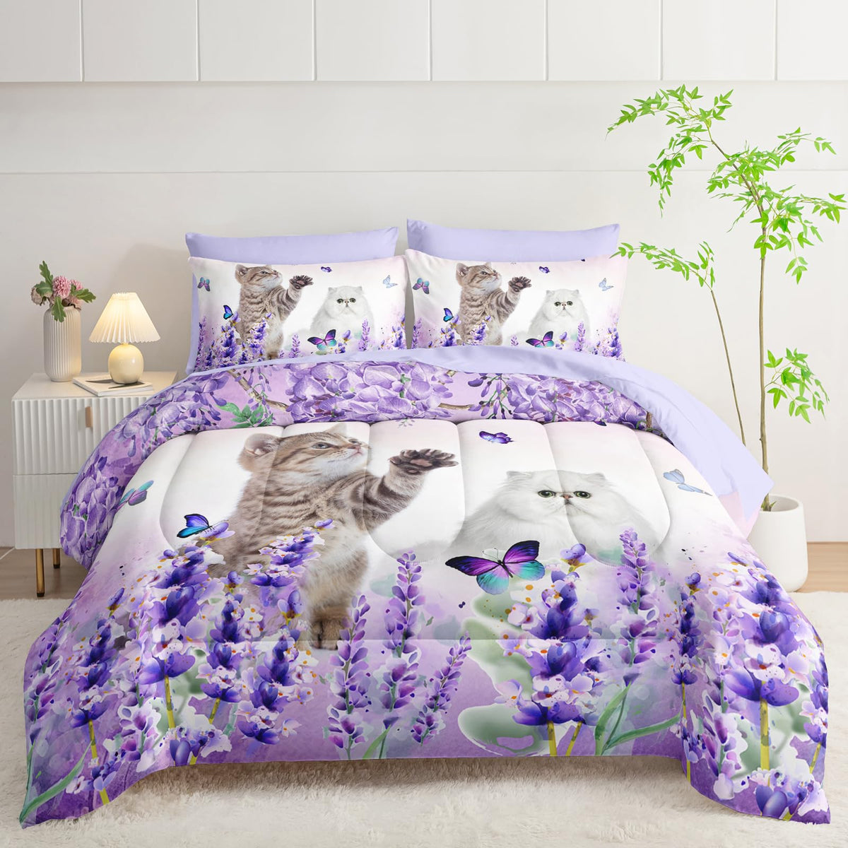 AILONEN Cat Comforter Set Twin Size, Kawaii Kitten Animal with Butterfly Bedding Set for Kids Girls,Purple Flowers Bed in a Bag,Comforter & Fitted Sheet & Flat Sheet,2 Pillowcases,2 Pillow Shams