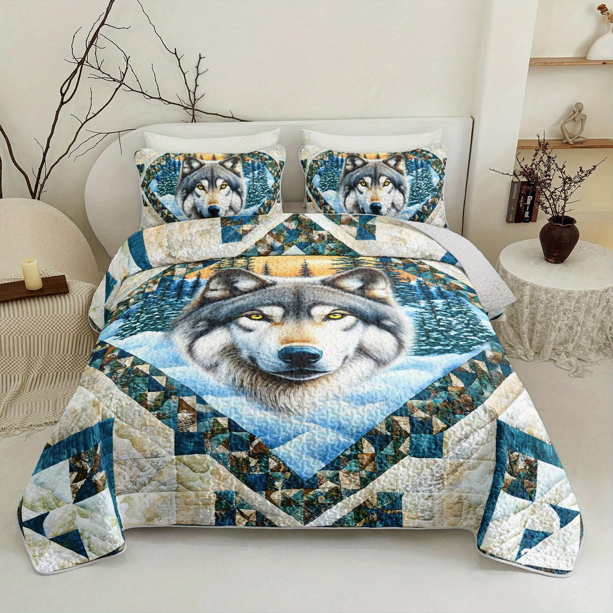 Tuzaovy Wolf Animal Quilt Bedding Set Queen Size for Kid Teen,Wolf Bedspread Sets Bedding Cozy Winter Bedroom Decor,Geometric Animal Print Bed Cover Queen for Boys Girls Bedroom Decor
