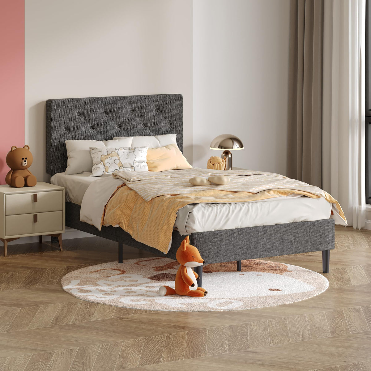 Lullabyre Twin Bed Frames for Kids, Upholstered Platform Bed Frame, Upholstered Bed Frame with Tufted Headboard, No Box Spring Needed, Easy Assemble, Grey