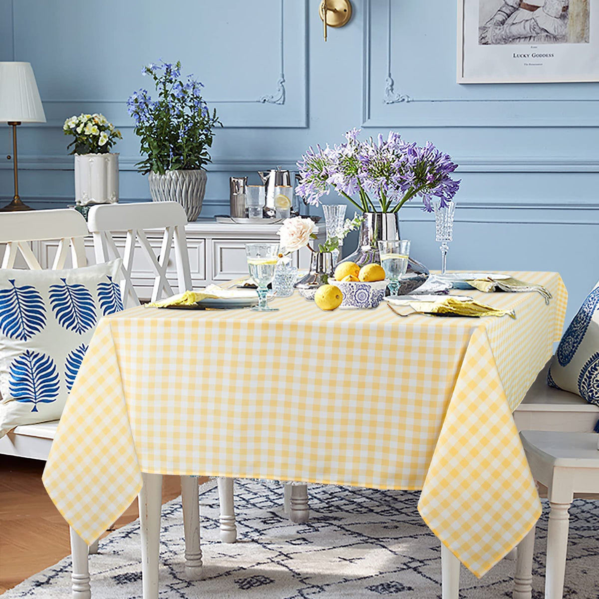 ShinyBeauty Checkered Tablecloth Rectangle 54''x70'' Yellow Buffalo Plaid Tablecloths Gingham Check Table Cloth Cotton Table Linen Waterproof Fabric Table Cloths for Kitchen Dining Picnic