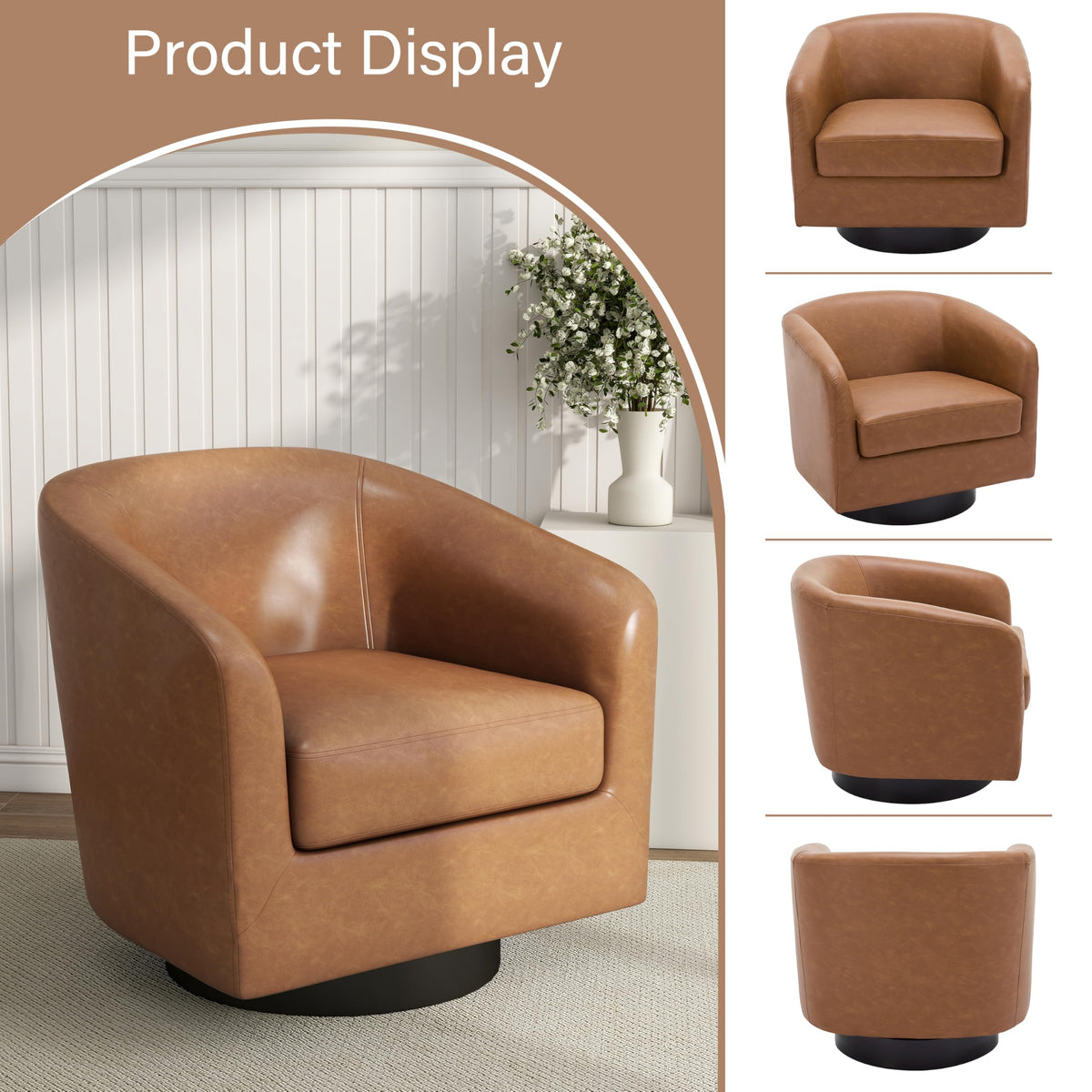 Pia Ricco Swivel Accent Chairs Set of 2, Faux Leather 360° Swivel Round Barrel Chair, Comfy Upholstered Fabric Single Sofa Club Armchair for Living Room/Reading Room, Brown