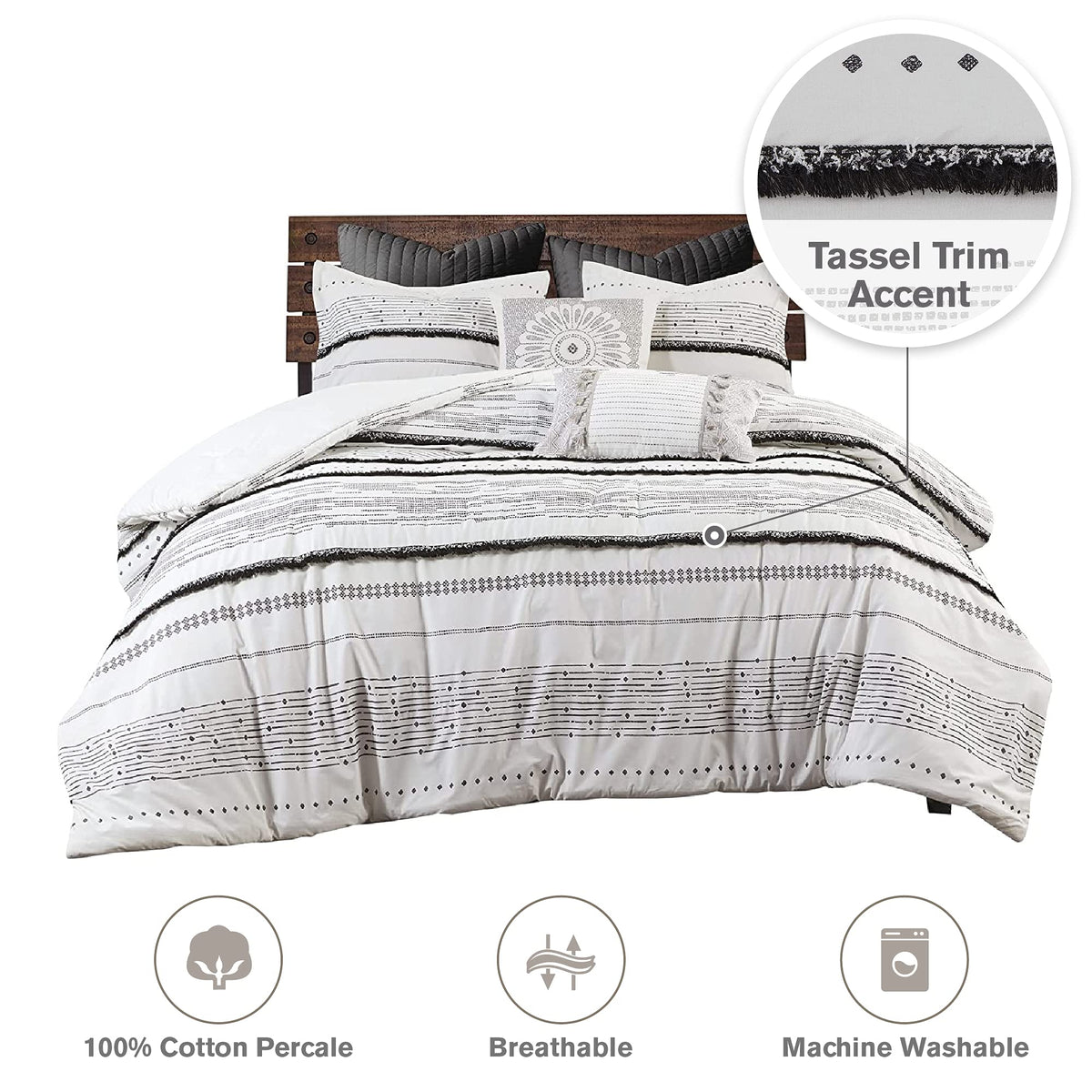 INK+IVY Nea 100% Cotton Duvet Set Mid Century Modern Design, All Season Comforter Cover Bedding Set, Matching Shams, King/Cal King, Stripes Teasel White 3 Piece