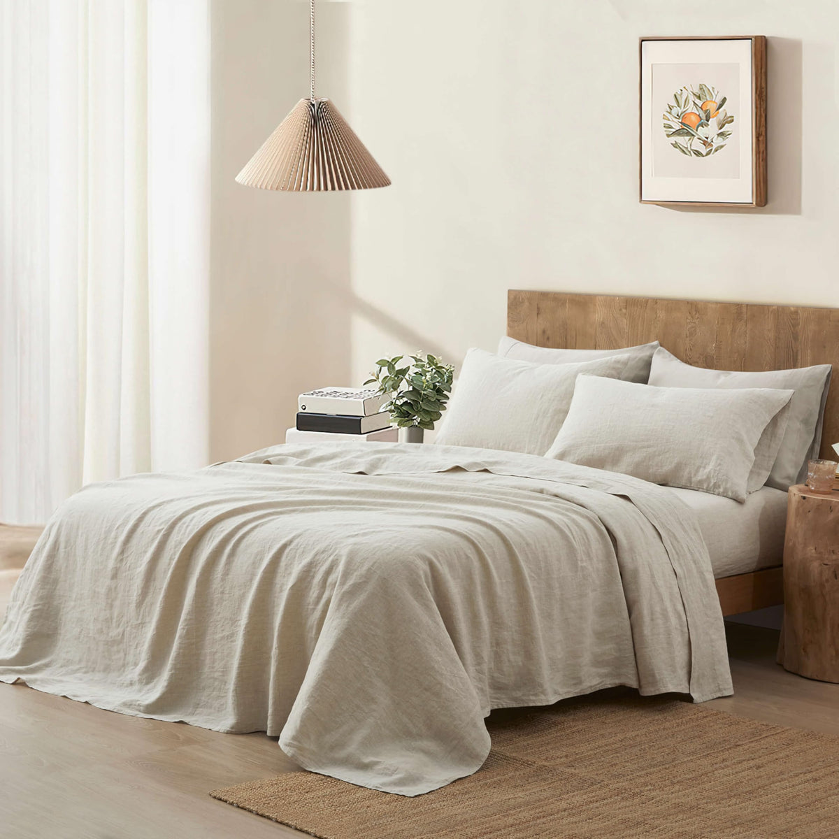 ATLINIA 100% Pure Flax Linen Bedding Set - Stone Washed French Linen Fabric Deep Pocket Fitted Sheet Farmhouse Flat Sheet 2 Pillowcases (Natural, Queen)