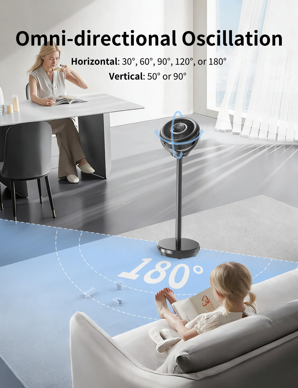 Standing Fan for Bedroom, Omnidirectional 180° Oscillating Quiet Pedestal Floor Fans, 25dB Ultra Quiet DC Cooling Fan Blows Cold Air with Remote, 15 Speed, 3 Modes, 12H Timer, 15-38" Height Adjustable