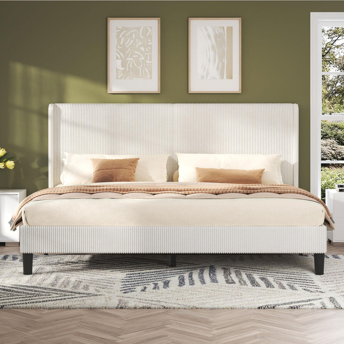 AMERLIFE King Bed Frame, Upholstered Platform Bed with Corduroy Headboard, Easy Assembly Modern White Bed Frame with Wooden Slats Support, No Box Spring Needed