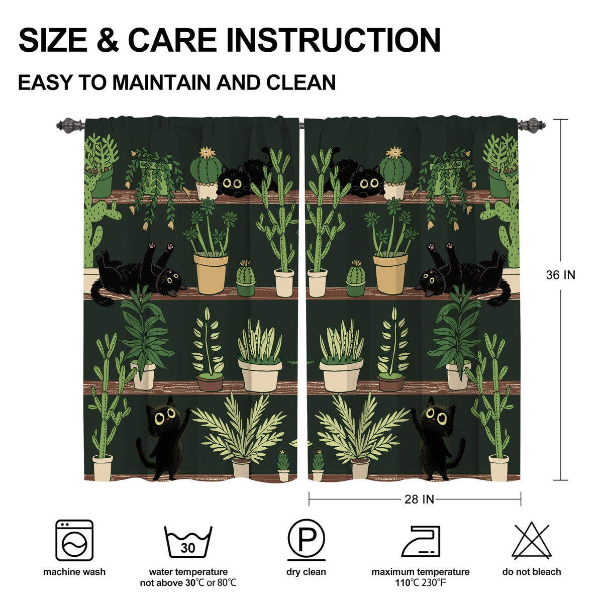 Worltoldb Black Cat Cactus Kitchen Curtains Cafe Curtains for Bathroom Dining Room Living Room Pocket Window Drapes 2 Panels Set 28"x36"