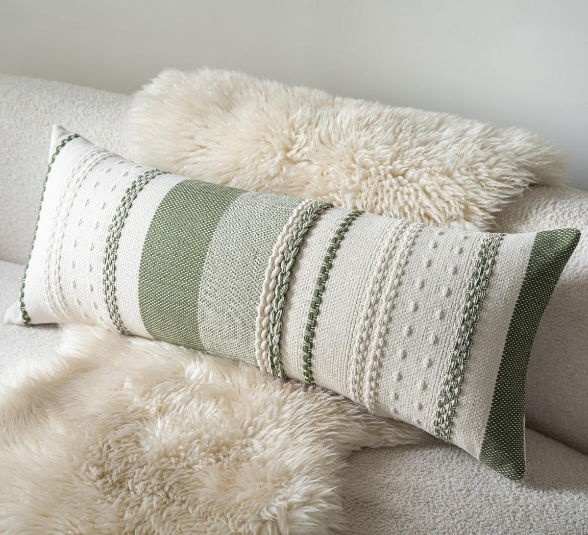 Cethom Boho Lumbar Pillow Covers 14x36 Inch Long, Green Textured Decorative Couch Pillow Cases for Farmhouse Home Decor, Accent Cushion Cover for Sofa, Bed, Living Room, Bedroom, Pack of 1