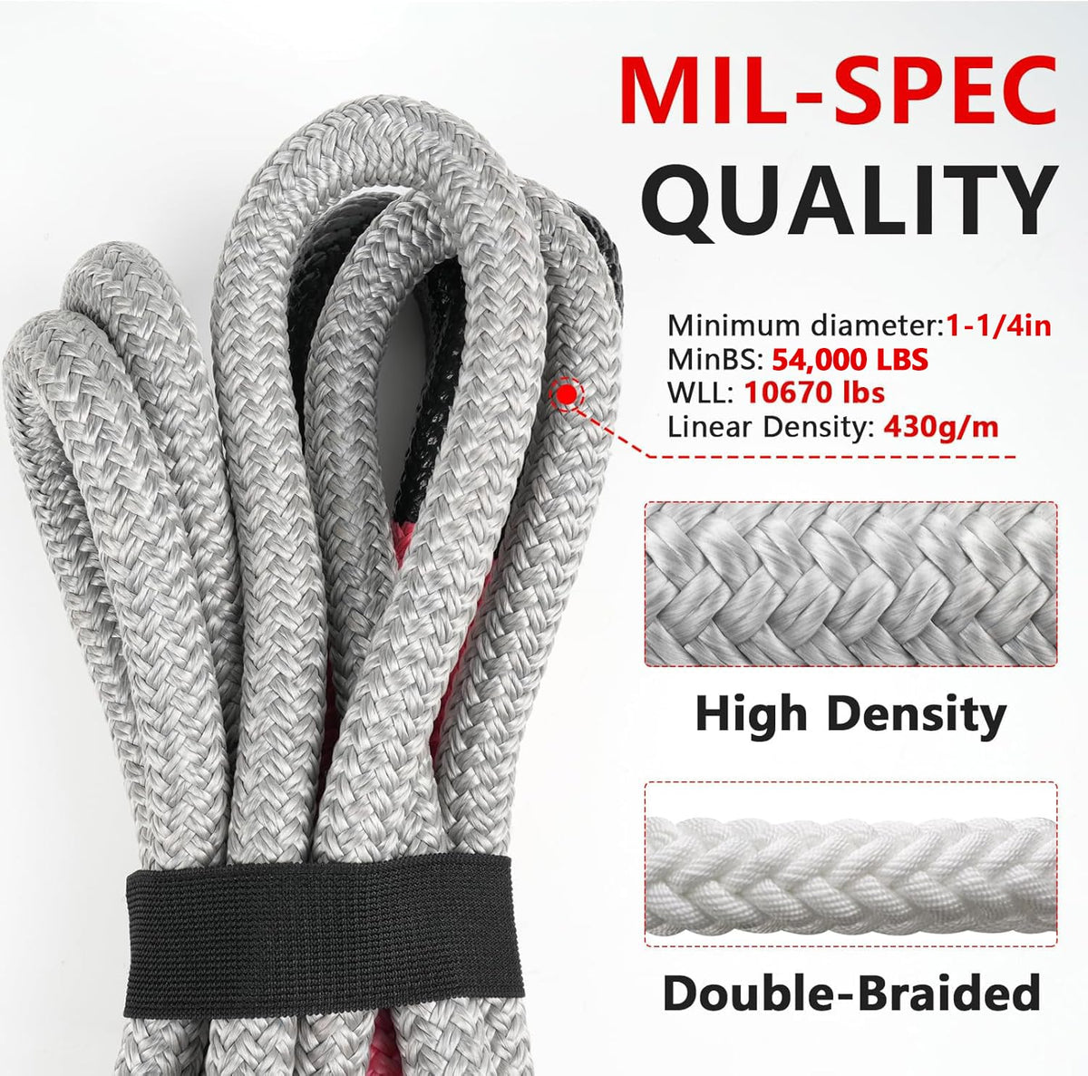NTR 1-1/4" x 30' Kinetic Recovery Tow Rope (54,000lbs), with 2 UHMWPE Soft Shackles (56,000lbs), Heavy-Duty Offroad Snatch Strap, Vehicle Recovery kit for Jeep car Truck ATV UTV SUV, Grey