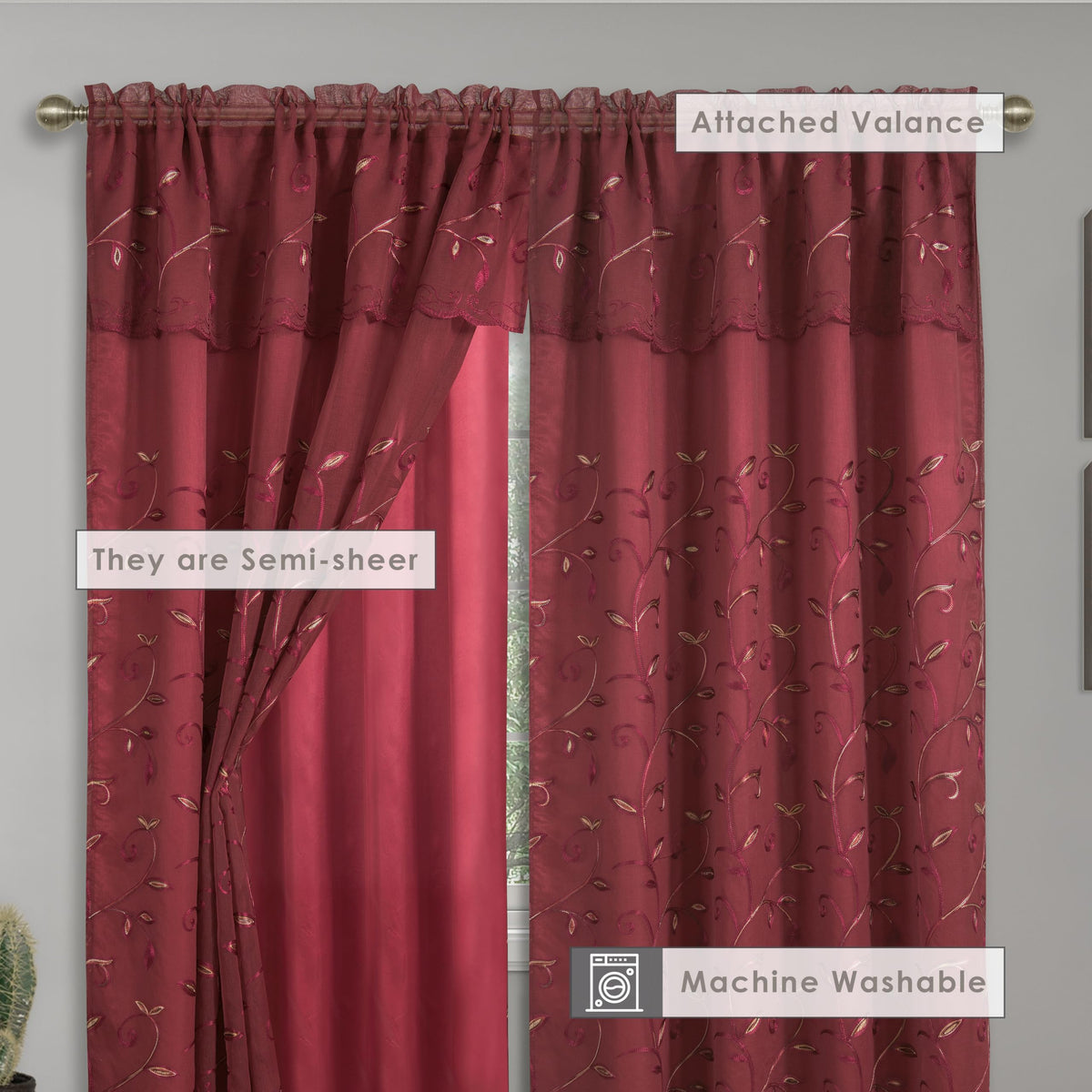 Elegant Comfort Luxury Curtain/Window Panel Set with Attached Valance and Backing 54" X 84 inch (Set of 2), Burgundy