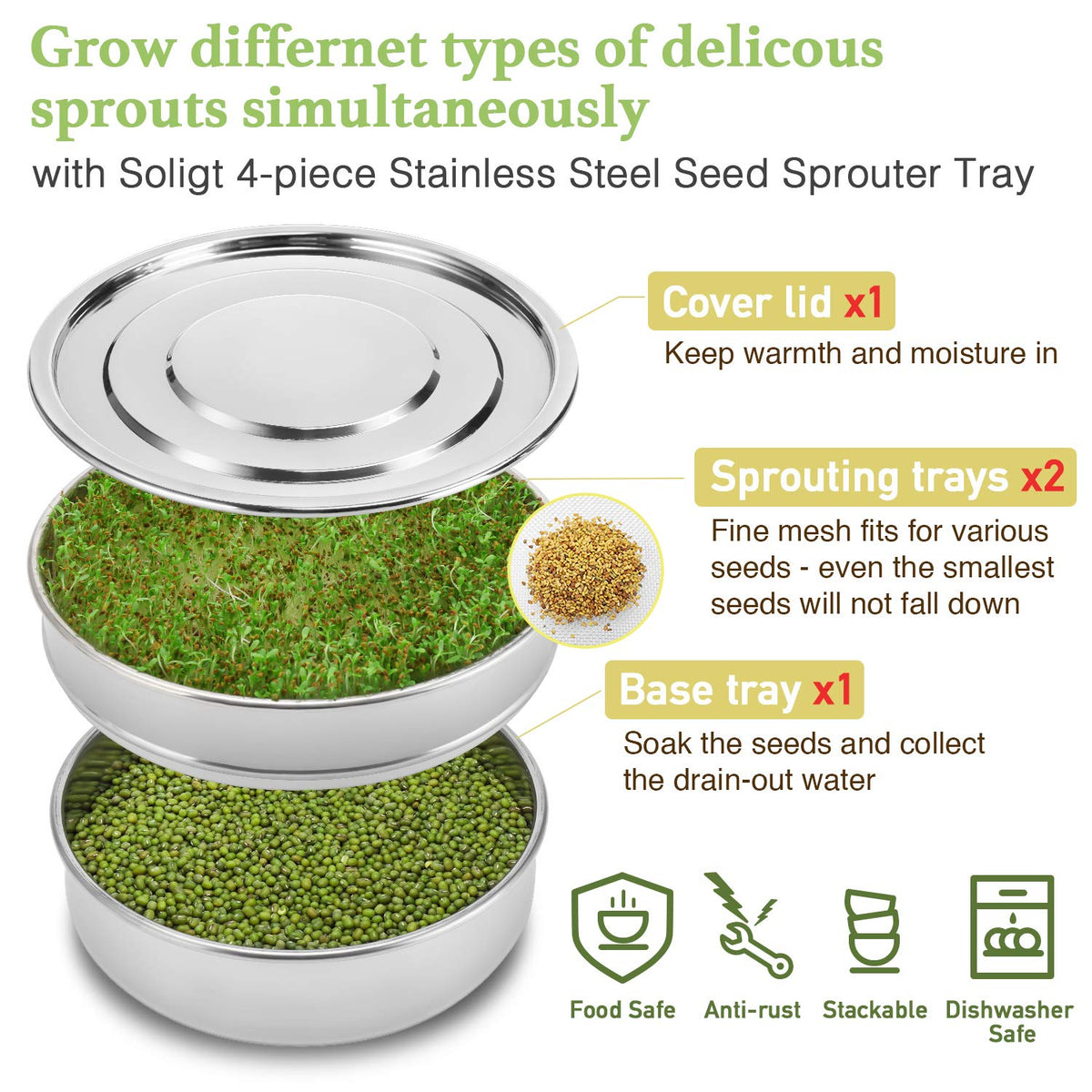SOLIGT Stackable Stainless Steel Seed Sprouting Kit, 2-Tier Mesh Sprouting Trays, 1 Base and 1 Cover Lid