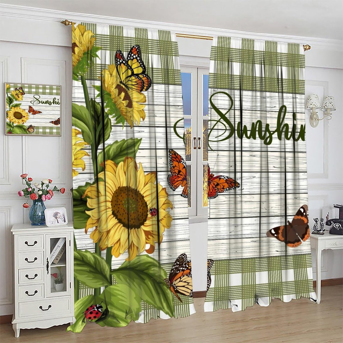 Spring Sunflower Curtains Rustic Plant Helianthus Yellow Flower Butterfly Pattern Rod Pocket Window Treatments for Girls Kids Bedroom Kitchen Living Room 2 Panel Set 41" x 45" (No Blackout)