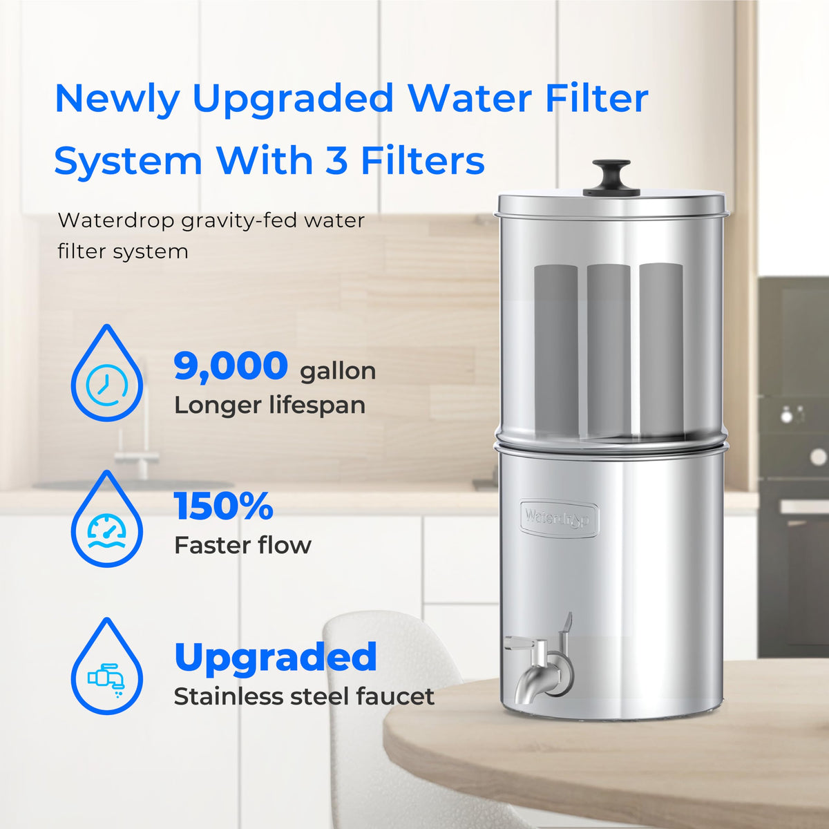 Waterdrop TK-AE Gravity Water Filter System, with 3 Black Carbon Filters and Metal Spigot, 9000 Gallon Longer Lifespan and 150% Faster Flow for Home, Travel, Emergencies, 2.25G