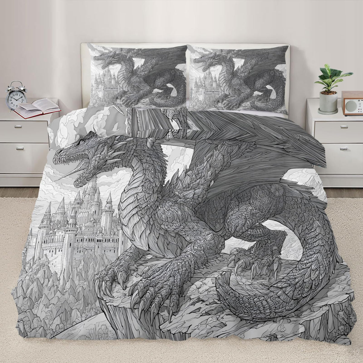 Dragon Duvet Cover Set Twin Size for Teen Boys Adult, Black and White Line Art Dragon Bedding Sets 3 Pieces Bedroom Decorative Bedspread for Men, Fantasy Art Animal Duvet Cover with 2 Pillowcases