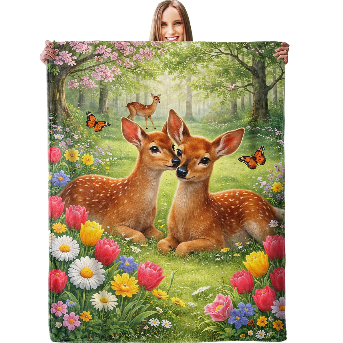 dhakalrlde Cute Deer Blanket, Soft Cartoon Fawn Flower Meadow Throw Adorable Animal Blanket Gifts for Women Kids Girls, Lightweight Warm Cozy 60×50 inch Flannel for Couch, Travel, Bed, Decor