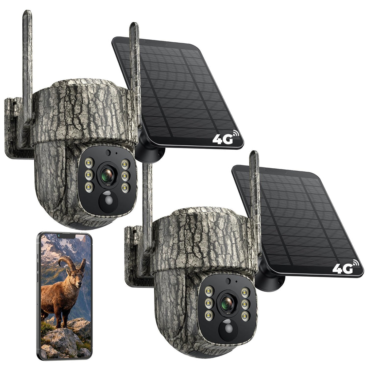 4G LTE Cellular Trail Camera, 360° Live Streaming Solar Game Camera 2.5K SIM Card Included, Auto Tracking Security Cameras Wireless Outdoor with Night Vision, Motion Activated for Outdoor, 2 Pack