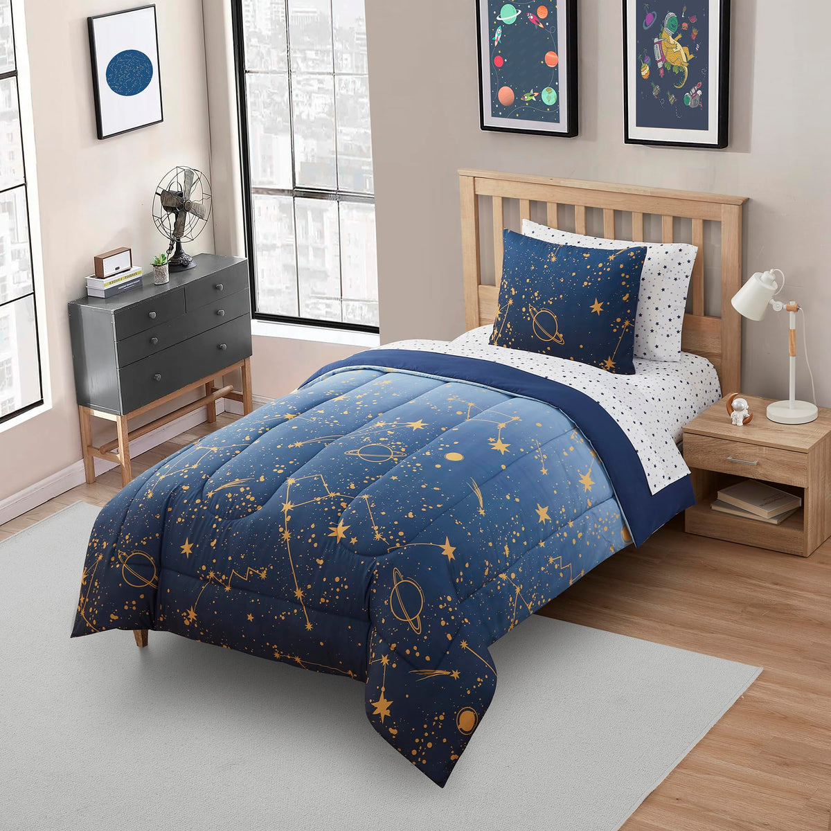Kids Bedding Set Bed in a Bag for Boys and Girls Toddlers Printed Sheet Set and Comforter, Twin, Galaxy