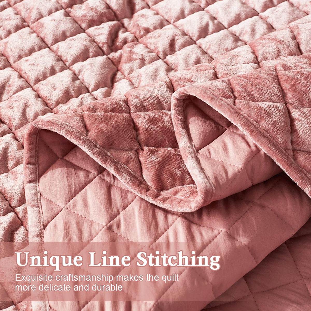 Cosybay Luxury Velvet Quilt Set Queen, Lightweight Oversized Bedspread Coverlet Quilted Box Stitch Bedding Set, with 2 Matching Pillow Shams, for All Season, Rose Pink