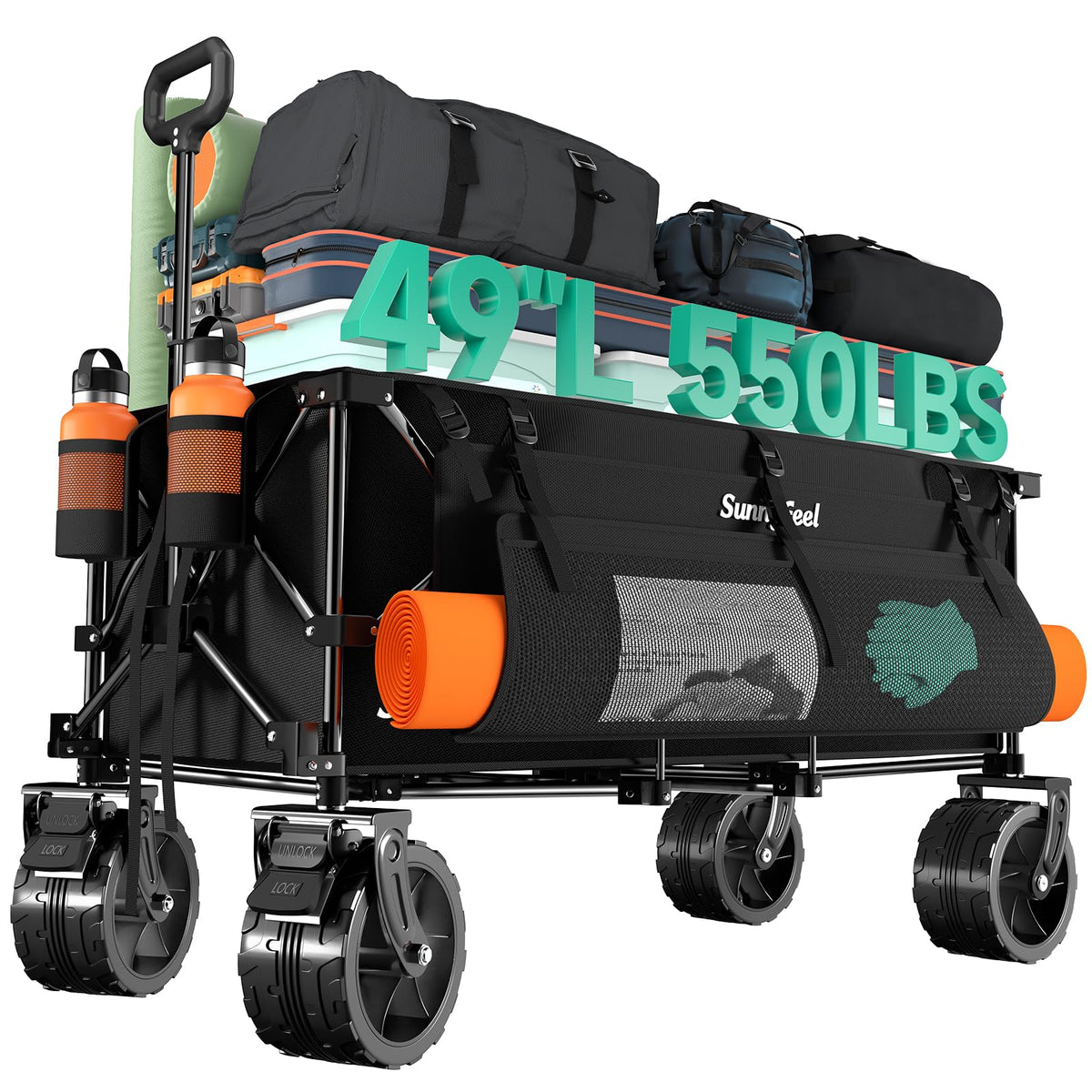 SUNNYFEEL 49" L Foldable Wagon Cart with Big Wheels - 550lbs Heavy Duty Extra Long Collapsible Shopping Cart - Utility Grocery Wagon for Garden Sports Camping Outdoor Activities (Black)