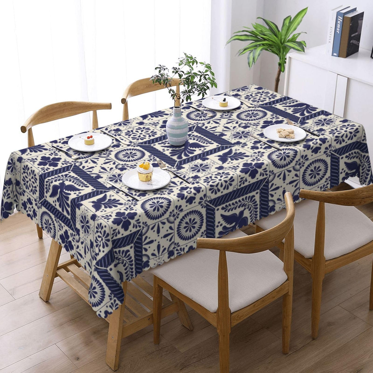 VIMPEYDON Floral Bird Mexican Table Cloth for Dining Tables, Reusable Blue Patchwork Tiles Tablecloths Holiday Talavera Tile Tabletop Decoration Rectangle Table Cover for Home,Kitchen,Party,54x72Inch