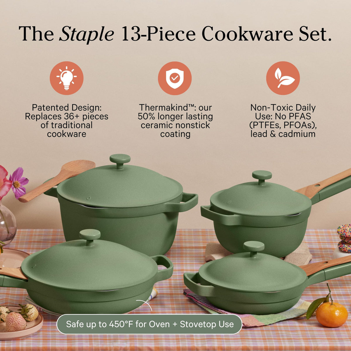 Our Place Cookware Set - 13-Piece Kit Including the Always Pan, Perfect Pot and Spatulas | Multifunctional, Toxin-Free Nonstick | Heat Safe up to 450°F | Oven, Stove, Induction Compatible | Sage