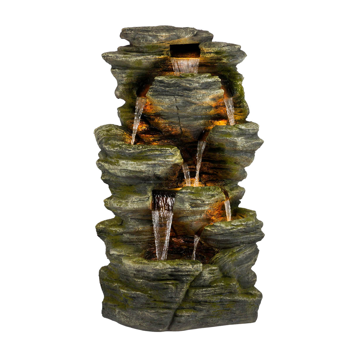 Alpine Corporation WIN1092 Outdoor Multitiered Rock Waterfall Floor Fountain with Warm White LED Lights, 51" Tall, Brown