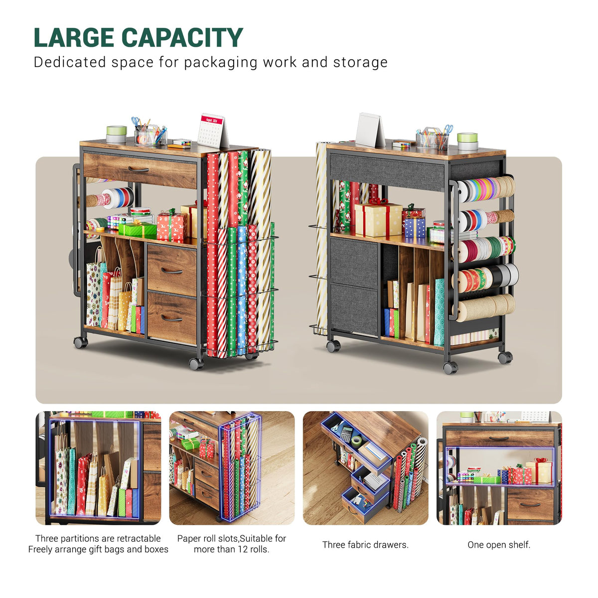 PUNLUXU Wrapping Paper Storage Cart, Rolling Gift Wrap Station with Ribbon and Gift Bag Storage, Wrapping Paper Organizer Holder, Craft Organizers and Storage for Christmas, Craft Storage Cart 004