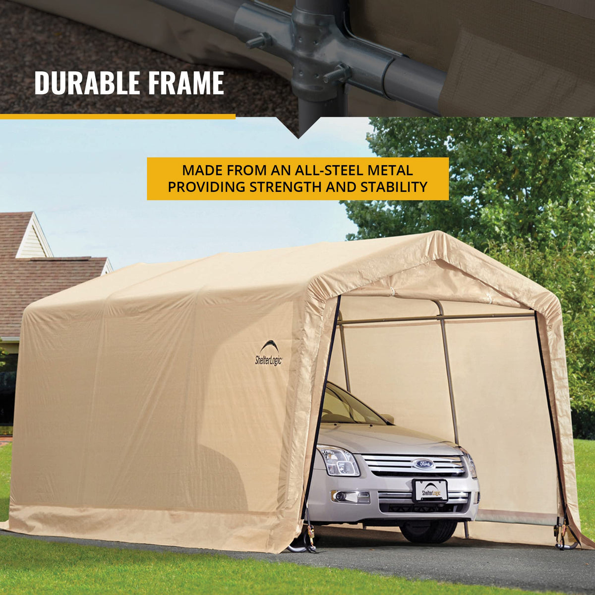 ShelterLogic 10' x 15' x 8' Peak Style Roof Instant Garage Carport Car Canopy with Steel Frame and Waterproof UV-Treated Cover, Sandstone | ShelterLogic ShelterAuger 4-Piece 30-Inch Reusable Heavy Duty Steel Earth Auger Anchor Kit with 4 Clamp-on Wire Tie