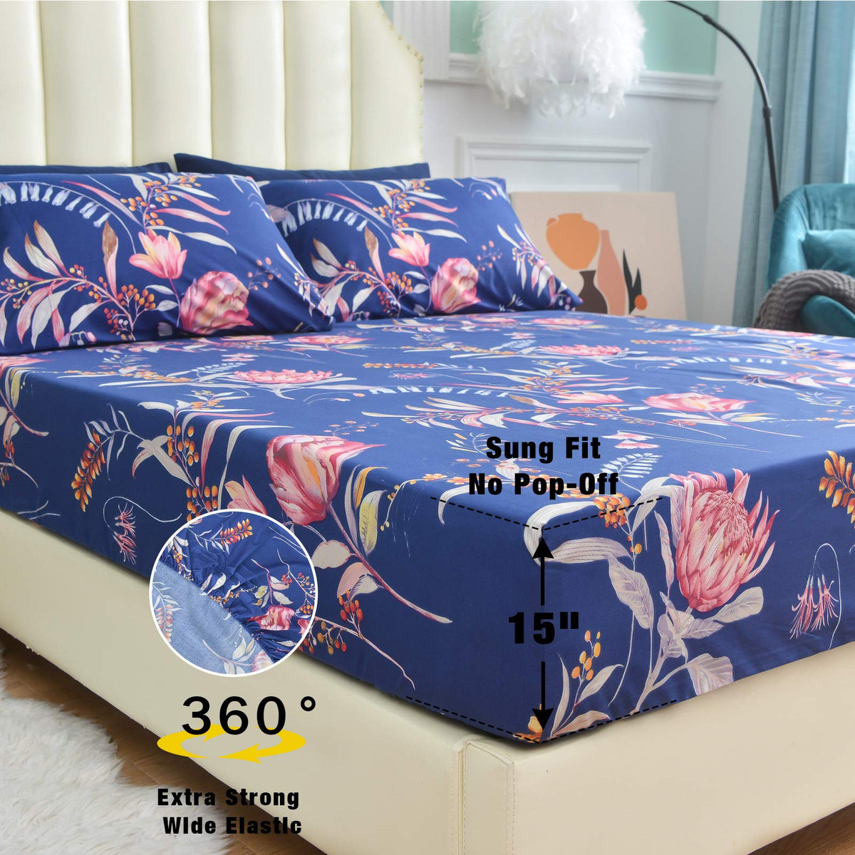 JSD Navy Blue Floral Printed King Sheet Set, 6 Piece Botanical Pattern Microfiber Sheets Extra Deep Pocket