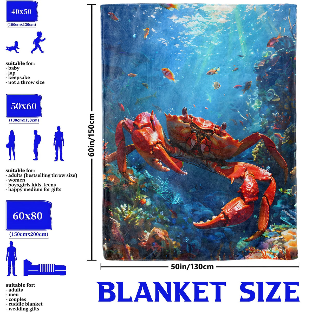 Red Crab and Coral Reef Throw Blanket for Boys Girls Kids Adults Women, Fuzzy Warm Soft Cozy Flannel Blankets Gifts for Bedroom, Couch, Travel, Home Decor 50x60 in
