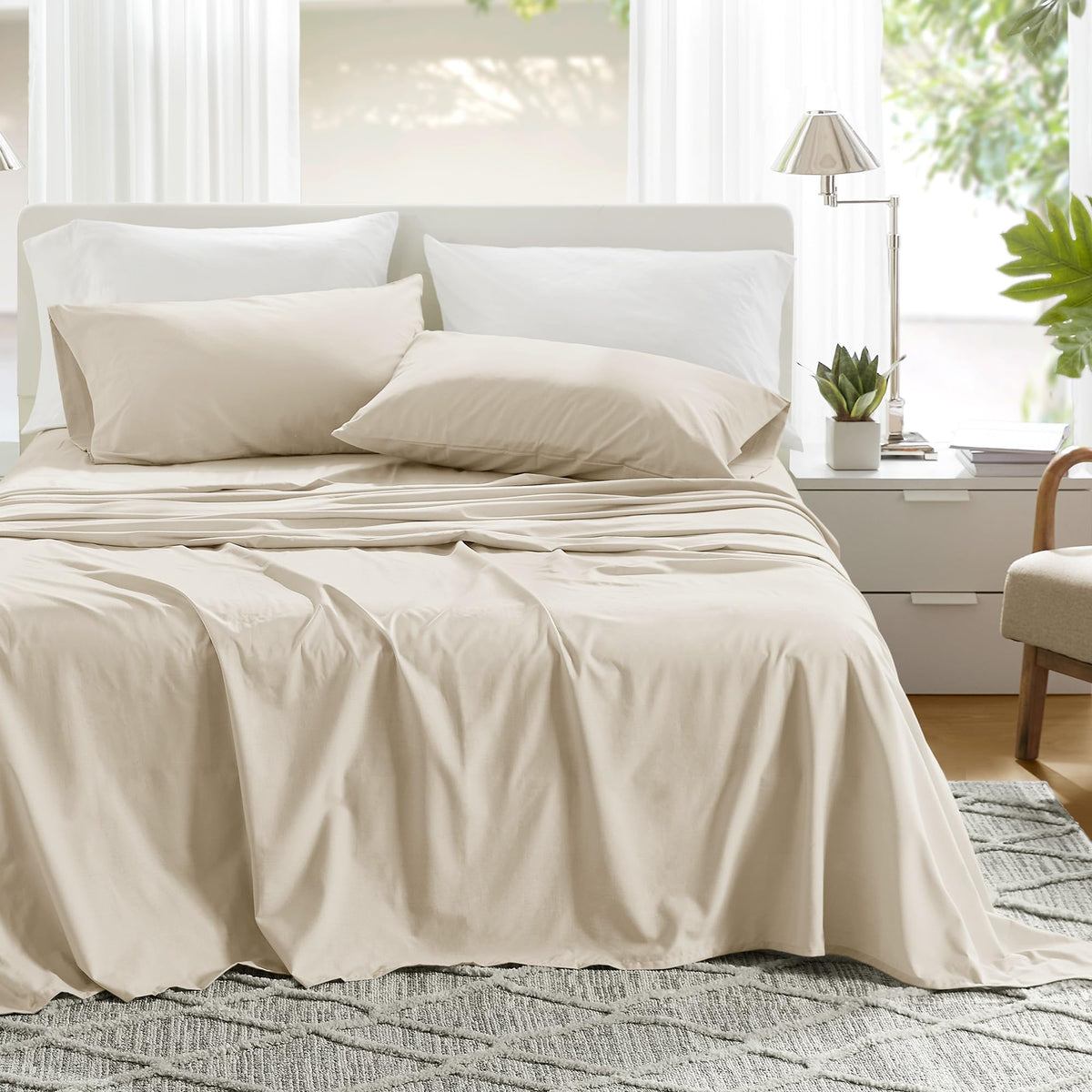 Comfort Spaces 100% Cotton Sheets Twin, Breathable & Ultra Soft Cotton Sheets, Naturally Cool Cotton Bed Sheets with 12" Elastic Pocket Fits up to 14" Mattress, All Seasons Sheet Set, Cream 3 Piece