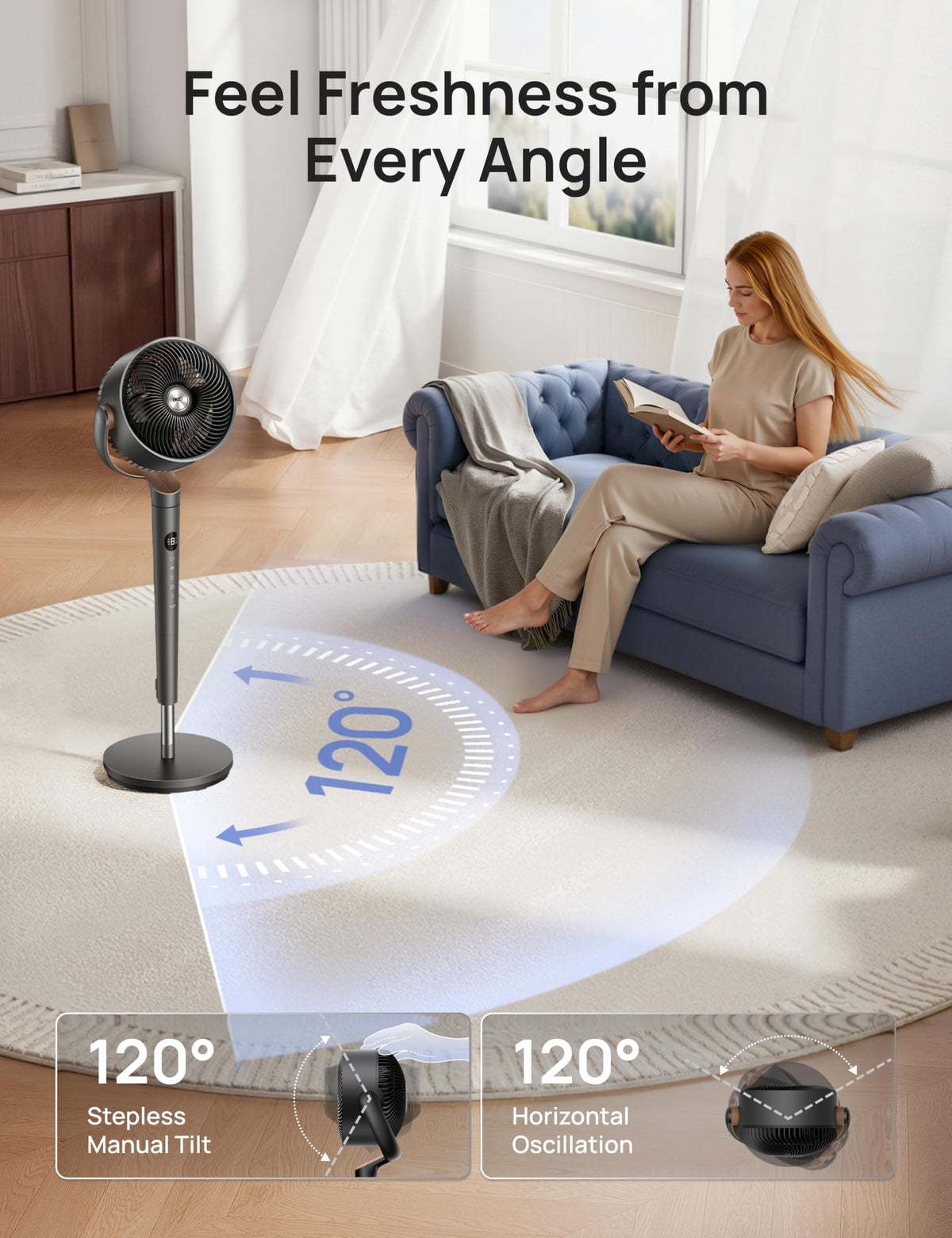 DREO Fan for Bedroom, 120° Oscillating Standing Fans, Quiet Floor Fan with DC Motor, 100ft Pedestal Fans for Room, 9 Speeds, 4 modes, 20dB, 120° Manual Vertical, 37-42" Adjustable Height, 9H Timer
