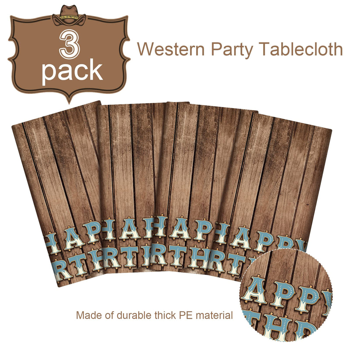 BBTO 3 Pieces Western Tablecloths Cowboy Party Decorations Birthday Table Cover Wild West Happy Birthday Tablecloth Plastic Western Table Cloths Party Decor, 54 x 108 Inches
