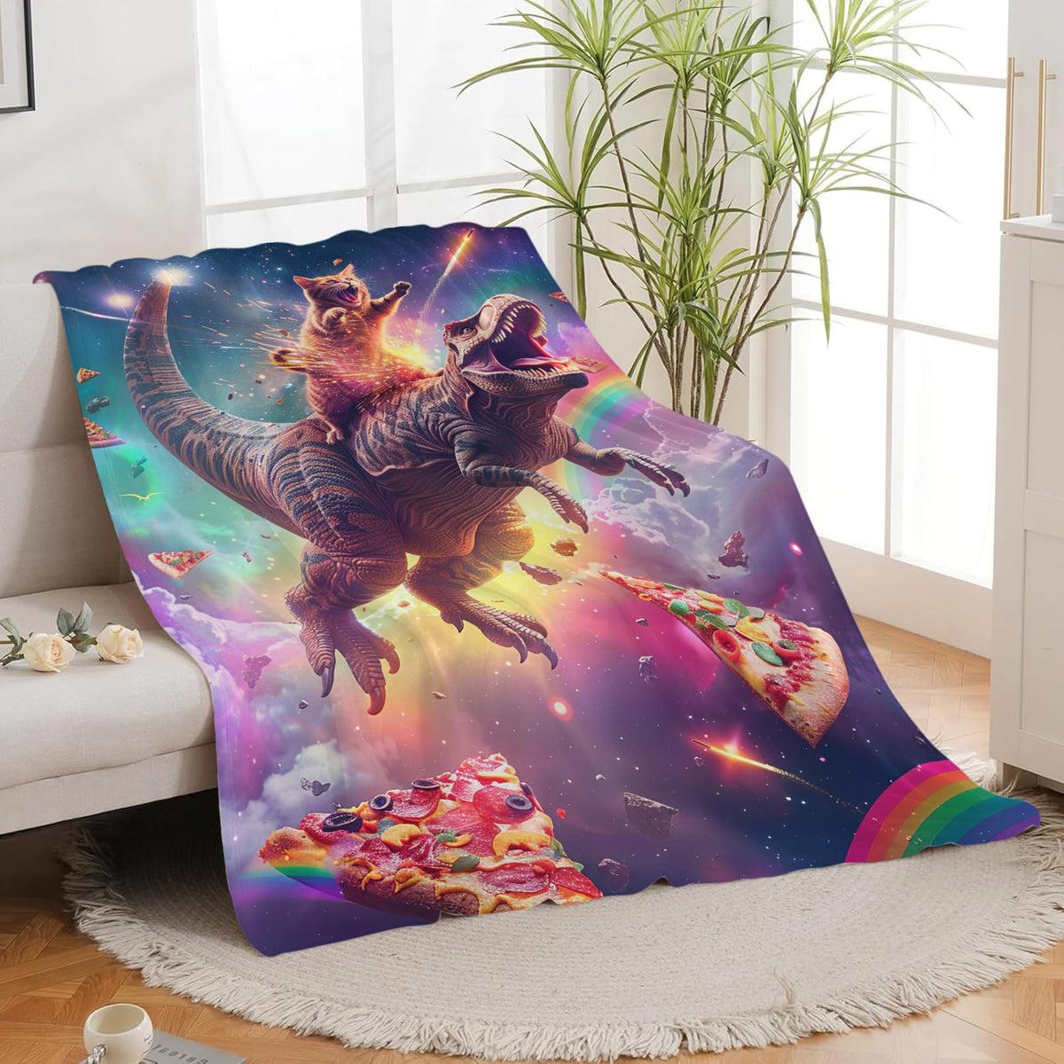 Cat and Dinosaur Blanket Rainbow Pizza Dino Cat Throw Blanket Gifts for Adults Men Women Boys Girls Kids Super Soft Cozy Plush Fluffy Fuzzy Fleece Blanket Decor 60''X80''