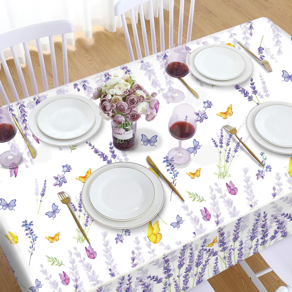 CC HOME 1Pc Purple Lavender Party Plastic Tablecloth 54 x 87 Inch Long Table Cover, Spring Butterfly Party Tablecover for Lavender Flower Kids Baby Shower Birthday Dinner Picnic Kitchen Event